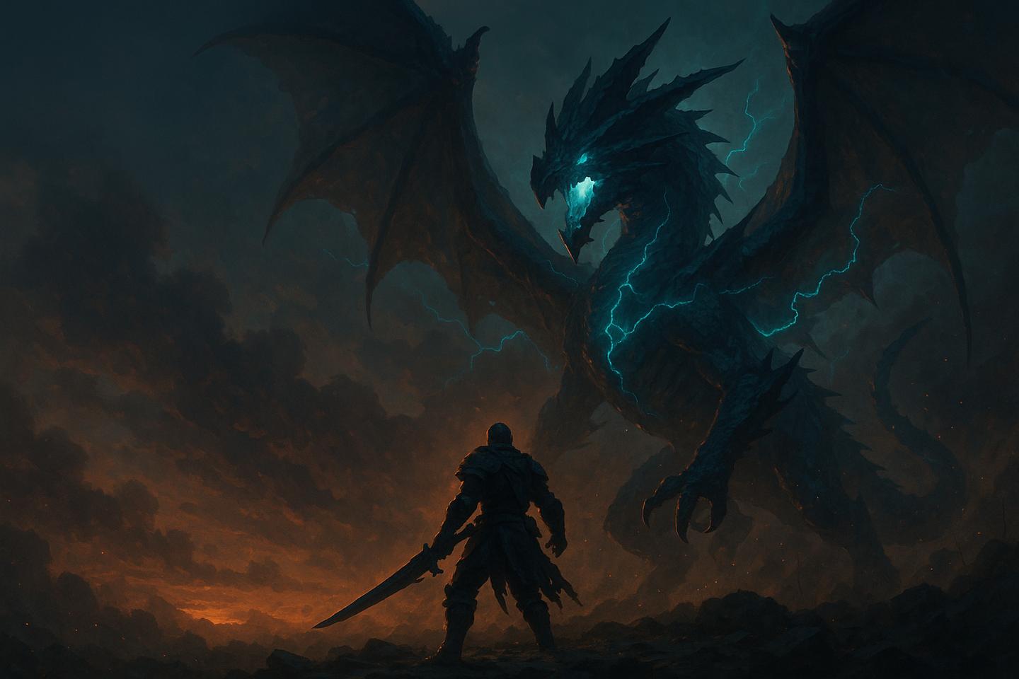 A storm wyvern crackling with teal lightning looms over a hunter