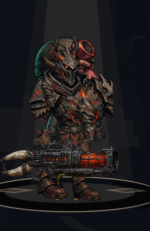Hunter in Cinder Behemoth armor with the gun — in-game capture
