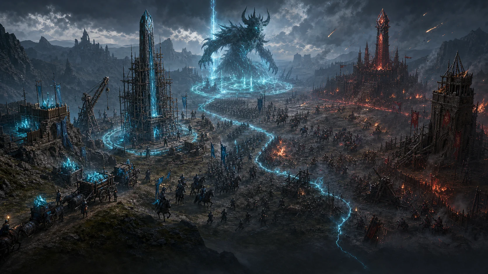 A fantasy strategy battlefield with two nations, obelisks, armies and a summoned beast