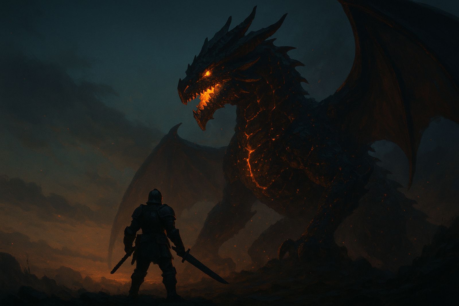 A lone hunter stands before a colossal ember-scarred dragon at dusk